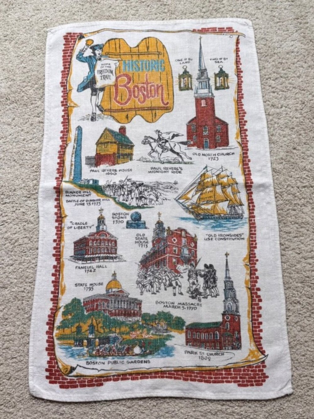 Vtg Stevens 100% Linen Souvenir Historic Boston Tea Towel Americana
